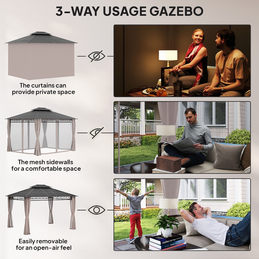 Image 964973_ALTMORE12.jpg, Product 964-973 / Price $729.99, Outsunny 10' x 12' Double Roof Hardtop Gazebo with Nettings Curtains Khaki from Outsunny on TSC.ca's Home & Garden department