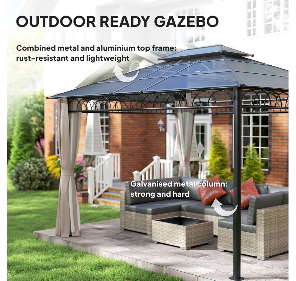Image 964973_ALTMORE13.jpg, Product 964-973 / Price $879.99, Outsunny 10' x 12' Double Roof Hardtop Gazebo with Nettings Curtains Khaki from Outsunny on TSC.ca's Home & Garden department