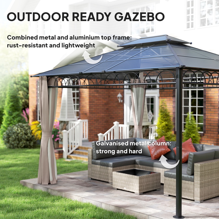 Image 964973_ALTMORE13.jpg, Product 964-973 / Price $729.99, Outsunny 10' x 12' Double Roof Hardtop Gazebo with Nettings Curtains Khaki from Outsunny on TSC.ca's Home & Garden department