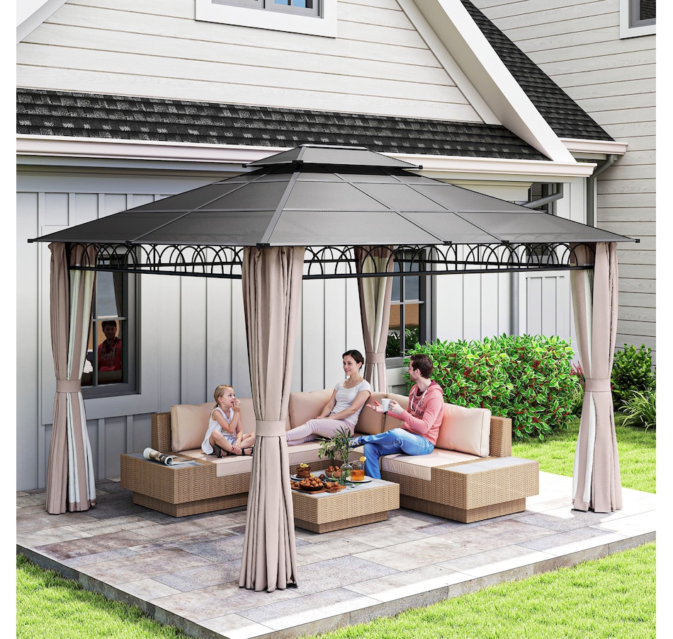 Image 964973_ALTMORE15.jpg, Product 964-973 / Price $879.99, Outsunny 10' x 12' Double Roof Hardtop Gazebo with Nettings Curtains Khaki from Outsunny on TSC.ca's Home & Garden department