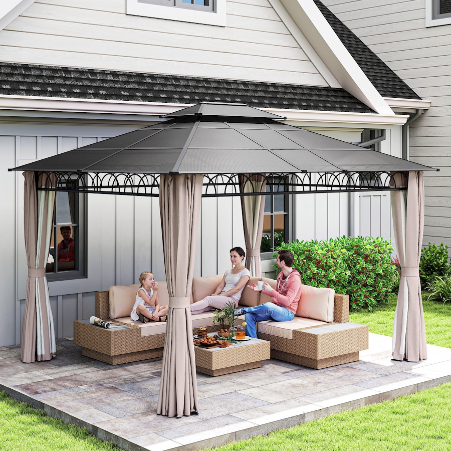 Image 964973_ALTMORE15.jpg, Product 964-973 / Price $729.99, Outsunny 10' x 12' Double Roof Hardtop Gazebo with Nettings Curtains Khaki from Outsunny on TSC.ca's Home & Garden department