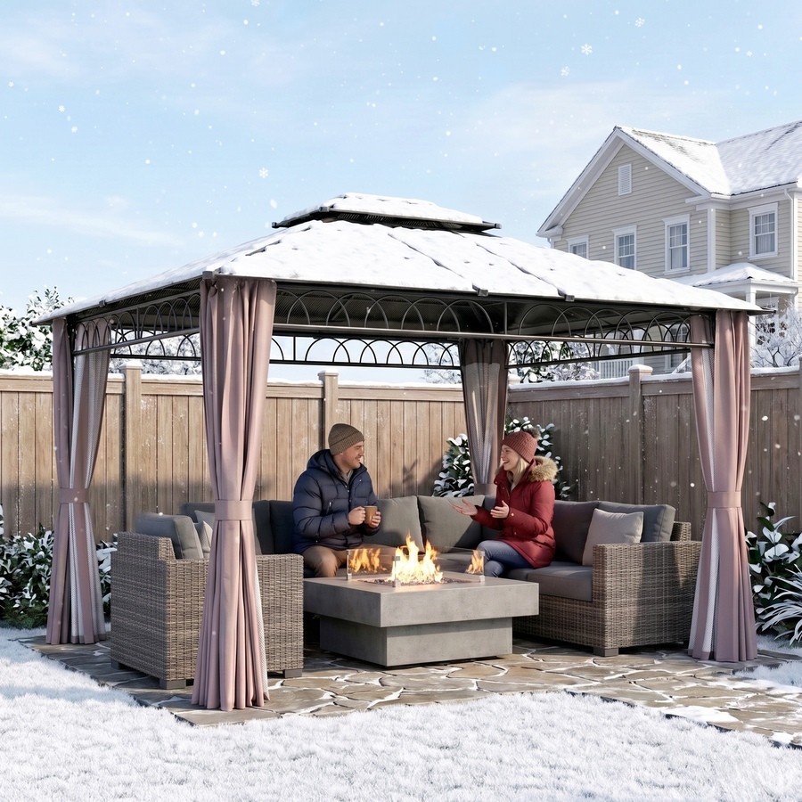 Image 964973_ALTMORE18.jpg, Product 964-973 / Price $729.99, Outsunny 10' x 12' Double Roof Hardtop Gazebo with Nettings Curtains Khaki from Outsunny on TSC.ca's Home & Garden department