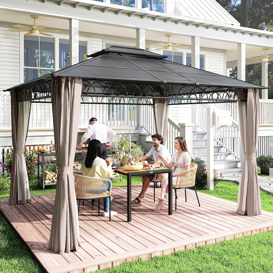 Image 964973_ALTMORE9.jpg, Product 964-973 / Price $729.99, Outsunny 10' x 12' Double Roof Hardtop Gazebo with Nettings Curtains Khaki from Outsunny on TSC.ca's Home & Garden department