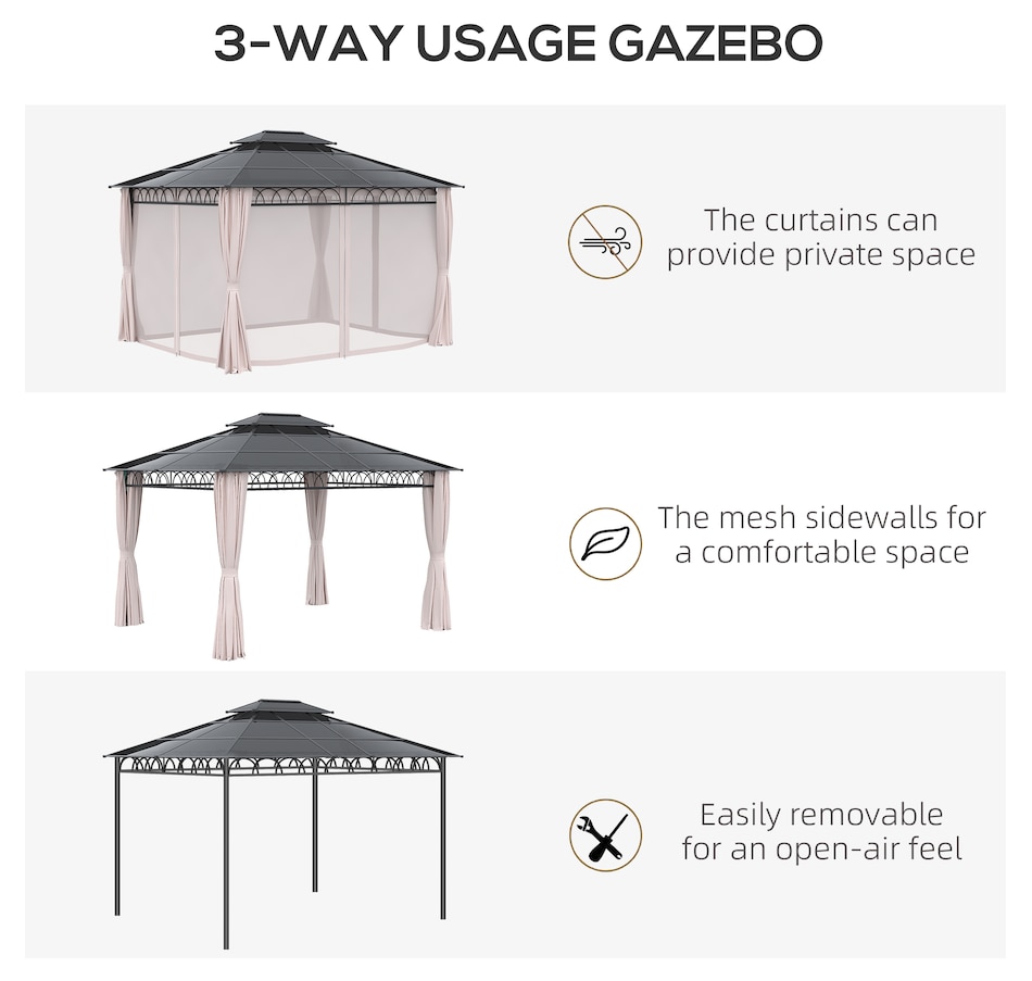 Image 964997_ALTMORE4.jpg, Product 964-997 / Price $836.99, Outsunny 10' x 12' Double Roof Hardtop Gazebo with Nettings Curtains Khaki from Outsunny on TSC.ca's Home & Garden department