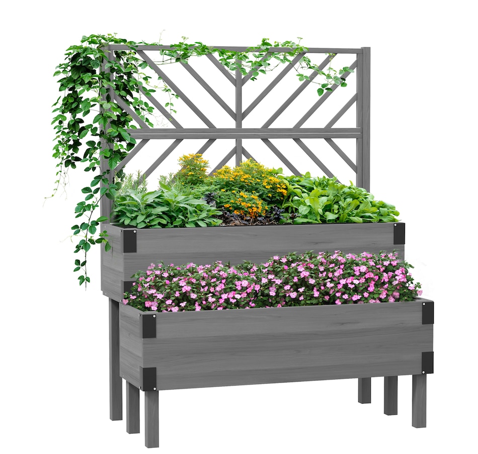 Image 965067.jpg, Product 965-067 / Price $169.99, Outsunny 2 Tier Wooden Raised Bed w/ Trellis Elevated Planter Box, Grey from Outsunny on TSC.ca's Home & Garden department
