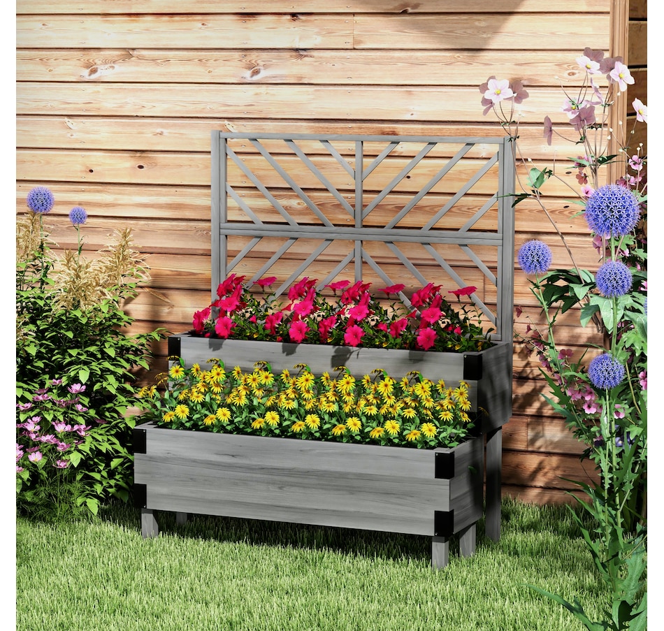 Image 965067_ALTMORE1.jpg, Product 965-067 / Price $169.99, Outsunny 2 Tier Wooden Raised Bed w/ Trellis Elevated Planter Box, Grey from Outsunny on TSC.ca's Home & Garden department
