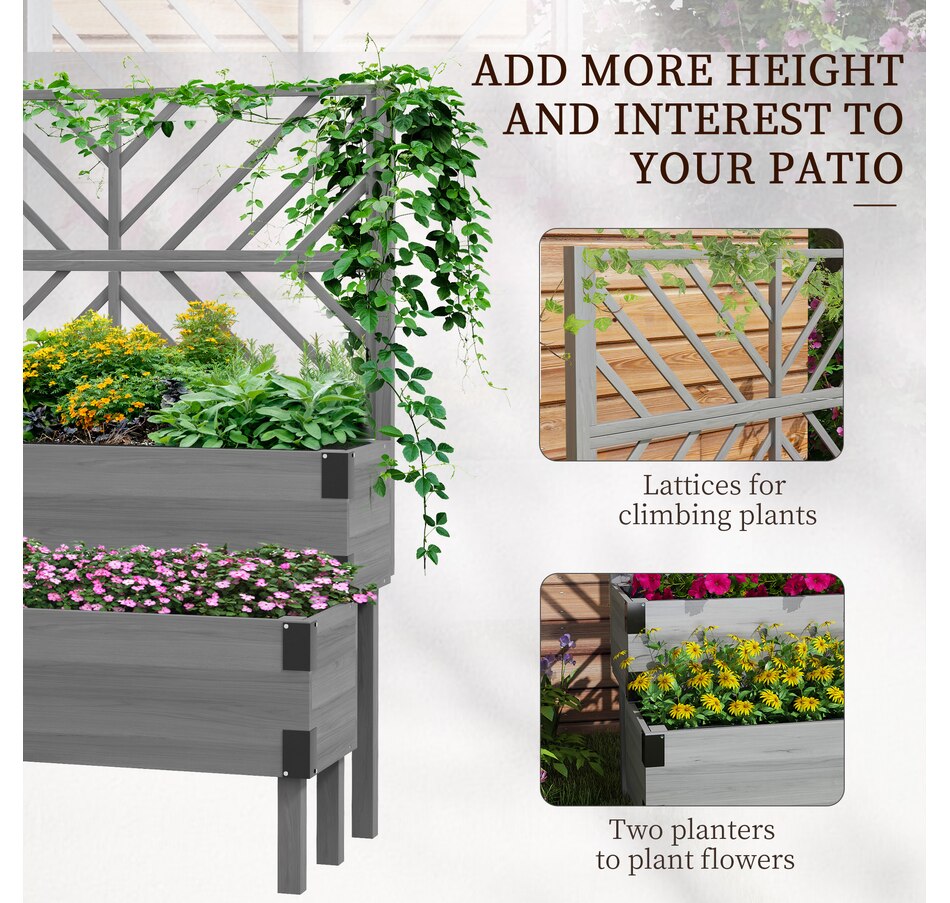 Image 965067_ALTMORE3.jpg, Product 965-067 / Price $169.99, Outsunny 2 Tier Wooden Raised Bed w/ Trellis Elevated Planter Box, Grey from Outsunny on TSC.ca's Home & Garden department