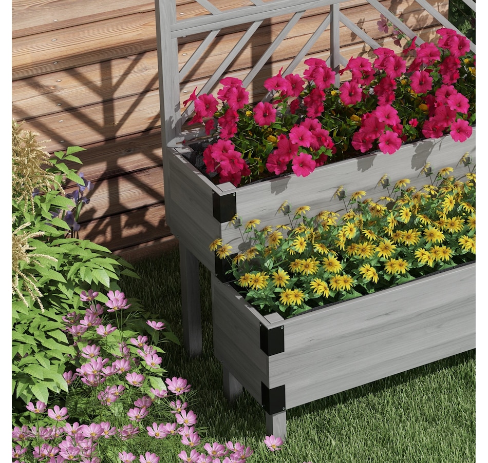 Image 965067_ALTMORE7.jpg, Product 965-067 / Price $169.99, Outsunny 2 Tier Wooden Raised Bed w/ Trellis Elevated Planter Box, Grey from Outsunny on TSC.ca's Home & Garden department