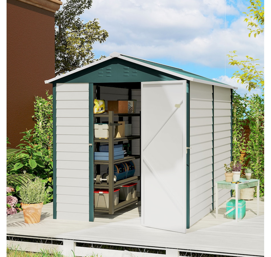 Image 965742_ALTMORE1.jpg, Product 965-742 / Price $549.99, Outsunny 9' x 6' Garden Shed, Metal Outdoor Storage Shed for Yard Green from Outsunny on TSC.ca's Home & Garden department