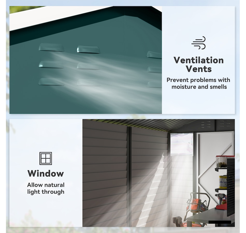 Image 965742_ALTMORE5.jpg, Product 965-742 / Price $549.99, Outsunny 9' x 6' Garden Shed, Metal Outdoor Storage Shed for Yard Green from Outsunny on TSC.ca's Home & Garden department