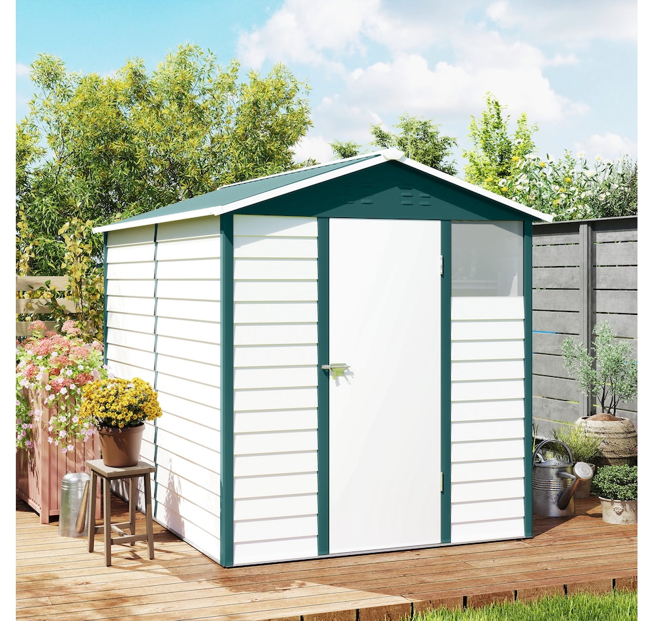 Image 965742_ALTMORE8.jpg, Product 965-742 / Price $549.99, Outsunny 9' x 6' Garden Shed, Metal Outdoor Storage Shed for Yard Green from Outsunny on TSC.ca's Home & Garden department