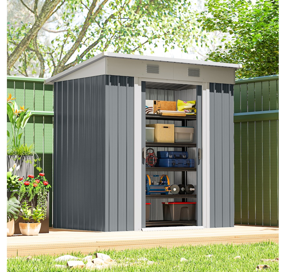 Image 965744_ALTMORE1.jpg, Product 965-744 / Price $249.99, Outsunny 6' x 4' Metal Outdoor Storage Shed w/ Sliding Doors Grey from Outsunny on TSC.ca's Home & Garden department