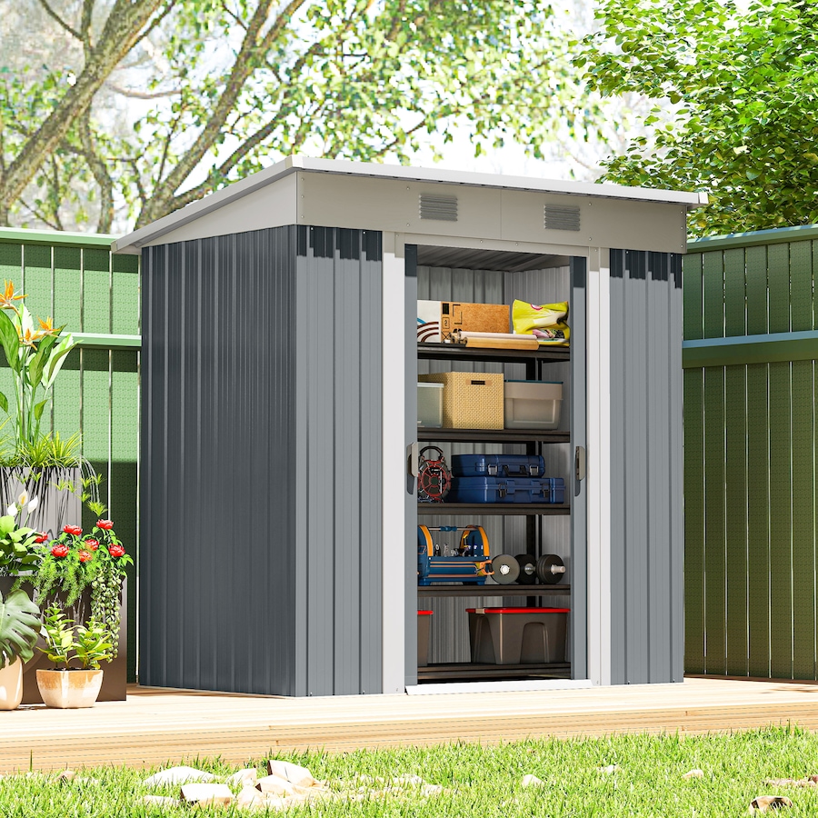 Image 965744_ALTMORE1.jpg, Product 965-744 / Price $249.99, Outsunny 6' x 4' Metal Outdoor Storage Shed w/ Sliding Doors Grey from Outsunny on TSC.ca's Home & Garden department