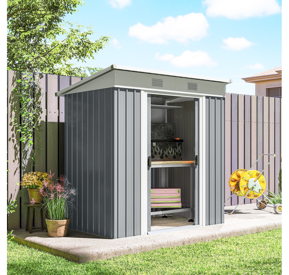 Image 965744_ALTMORE7.jpg, Product 965-744 / Price $249.99, Outsunny 6' x 4' Metal Outdoor Storage Shed w/ Sliding Doors Grey from Outsunny on TSC.ca's Home & Garden department