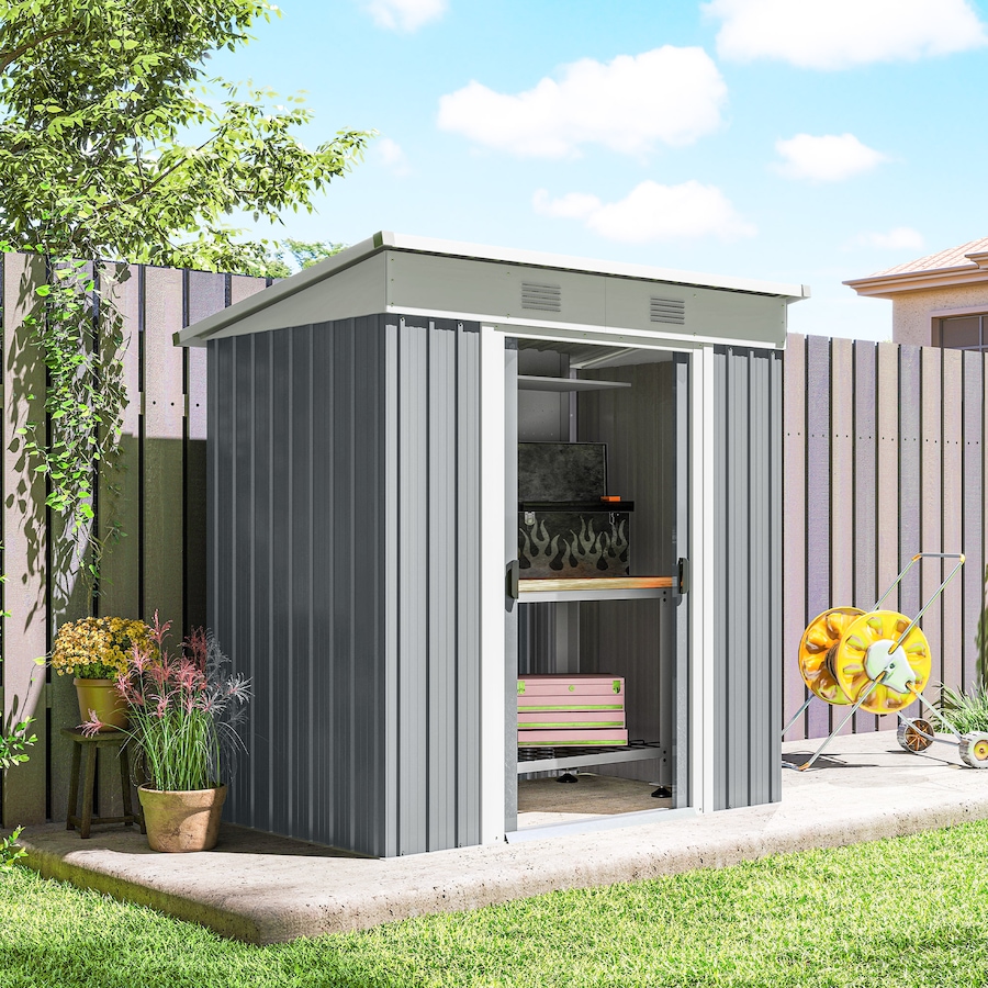 Image 965744_ALTMORE7.jpg, Product 965-744 / Price $249.99, Outsunny 6' x 4' Metal Outdoor Storage Shed w/ Sliding Doors Grey from Outsunny on TSC.ca's Home & Garden department