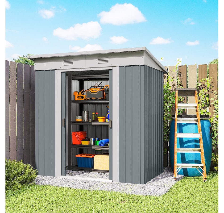 Image 965744_ALTMORE8.jpg, Product 965-744 / Price $249.99, Outsunny 6' x 4' Metal Outdoor Storage Shed w/ Sliding Doors Grey from Outsunny on TSC.ca's Home & Garden department