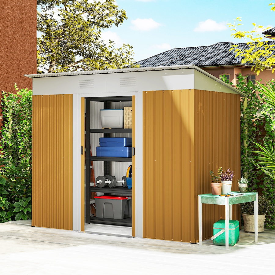 Image 965745_ALTMORE1.jpg, Product 965-745 / Price $230.99, Outsunny 7' x 4' Outdoor Storage Shed w/ Sliding Doors, Yellow from Outsunny on TSC.ca's Home & Garden department