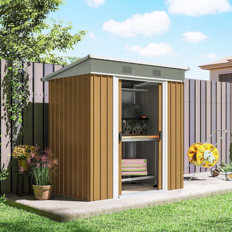 Image 965758_ALTMORE7.jpg, Product 965-758 / Price $294.99, Outsunny 6' x 4' Metal Outdoor Storage Shed w/ Sliding Doors Yellow from Outsunny on TSC.ca's Home & Garden department