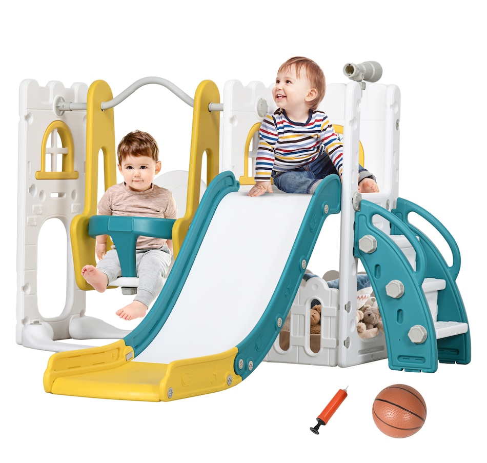 Image 965903.jpg, Product 965-903 / Price $189.99, Qaba 6-in-1 Slide and Swing Set with Basketball Hoop, Climber, Yellow from Qaba on TSC.ca's Home & Garden department