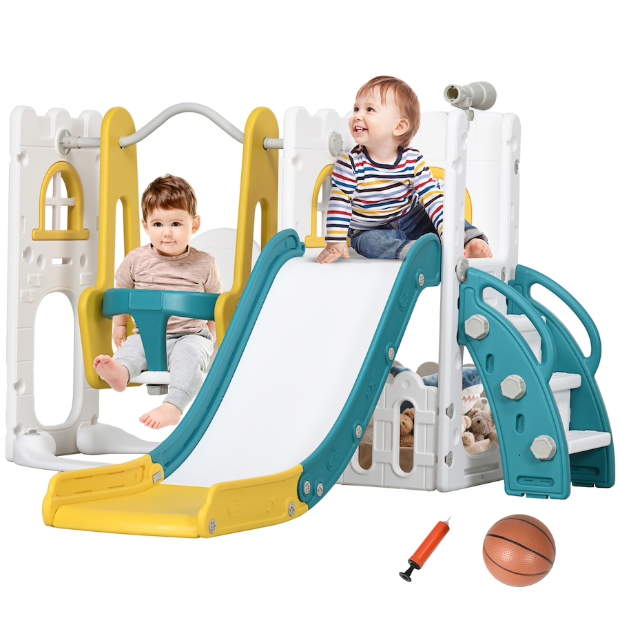 Image 965903.jpg, Product 965-903 / Price $179.99, Qaba 6-in-1 Slide and Swing Set with Basketball Hoop, Climber, Yellow from Qaba on TSC.ca's Home & Garden department