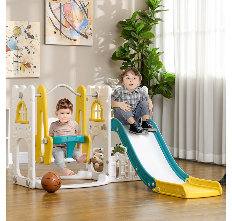 Image 965903_ALTMORE1.jpg, Product 965-903 / Price $189.99, Qaba 6-in-1 Slide and Swing Set with Basketball Hoop, Climber, Yellow from Qaba on TSC.ca's Home & Garden department