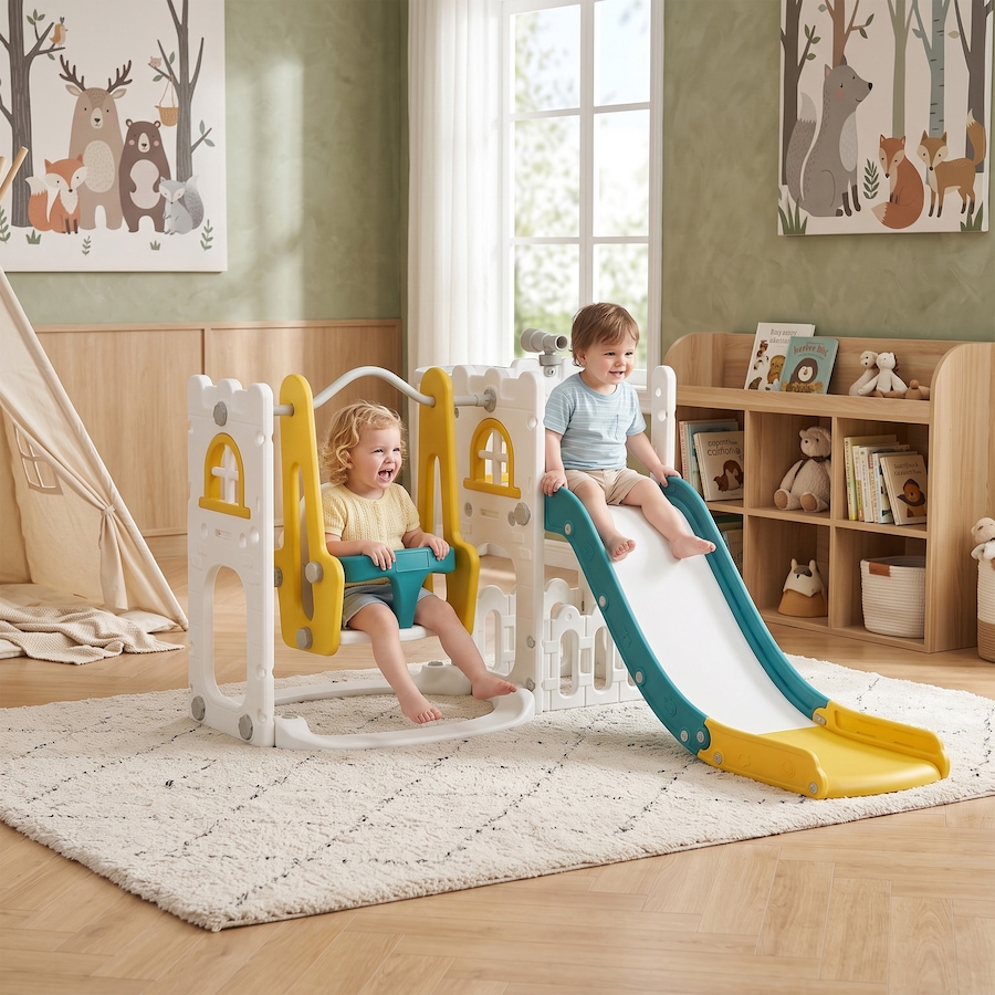 Image 965903_ALTMORE10.jpg, Product 965-903 / Price $179.99, Qaba 6-in-1 Slide and Swing Set with Basketball Hoop, Climber, Yellow from Qaba on TSC.ca's Home & Garden department