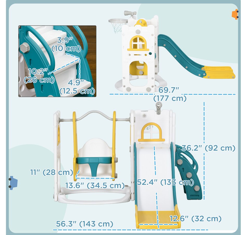 Image 965903_ALTMORE2.jpg, Product 965-903 / Price $189.99, Qaba 6-in-1 Slide and Swing Set with Basketball Hoop, Climber, Yellow from Qaba on TSC.ca's Home & Garden department