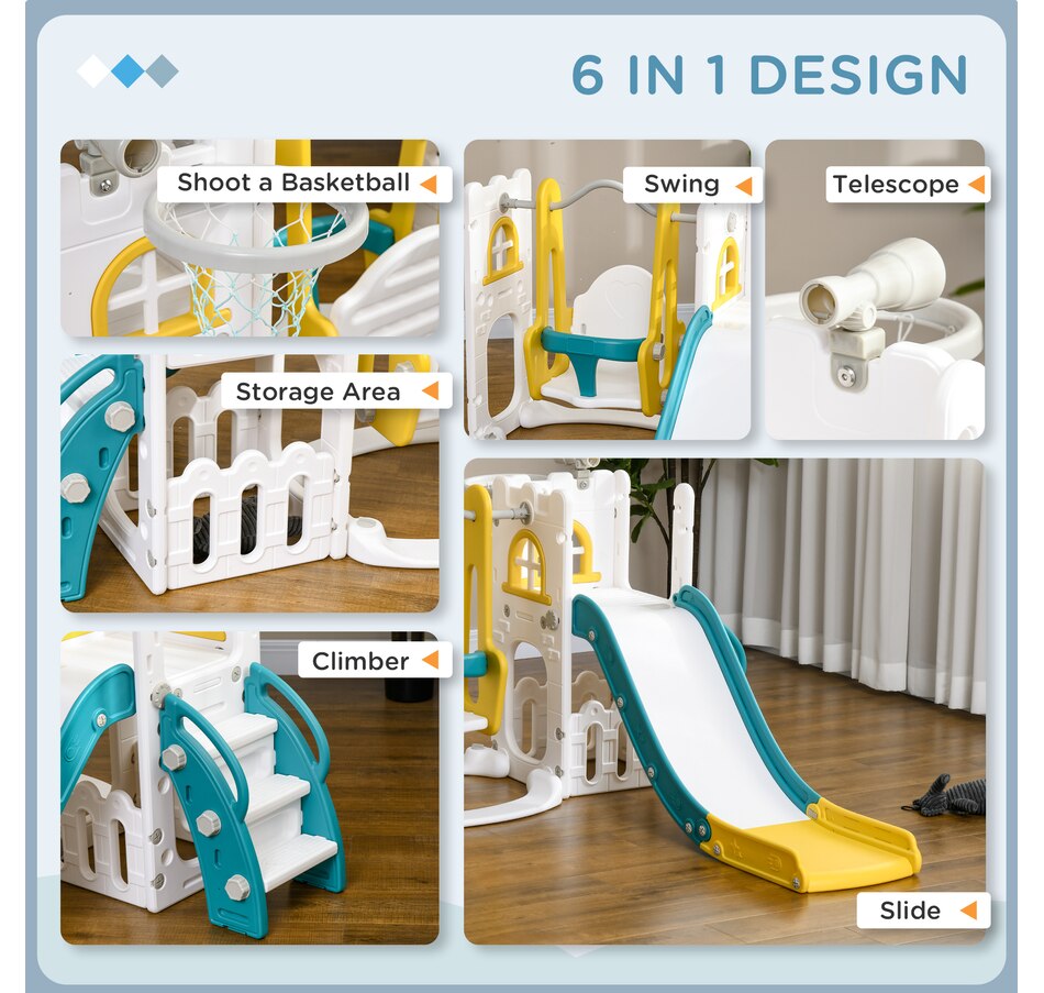 Image 965903_ALTMORE3.jpg, Product 965-903 / Price $189.99, Qaba 6-in-1 Slide and Swing Set with Basketball Hoop, Climber, Yellow from Qaba on TSC.ca's Home & Garden department