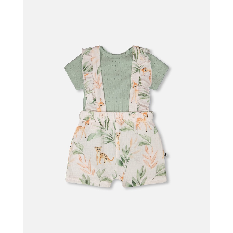Image 968132.jpg, Product 968-132 / Price $21.00, Pointelle Bodysuit and Cotton Muslin Peach Deer Printed Shortall Set from Deux par Deux on TSC.ca's Fashion department