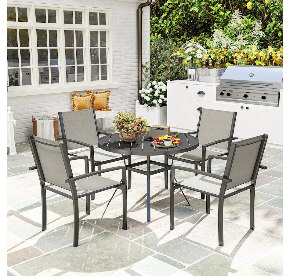 Image 968170_ALTMORE1.jpg, Product 968-170 / Price $359.99, Outsunny 5 Piece Outdoor Dining Set with Round Table and 4 Stackable Chairs from Outsunny on TSC.ca's Home & Garden department