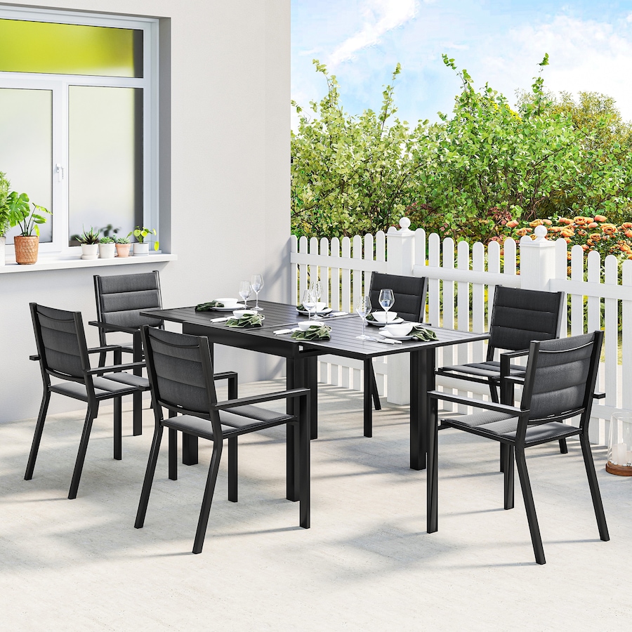 Image 968172_ALTMORE1.jpg, Product 968-172 / Price $699.99, Outsunny Patio Dining Set, Expandable Table, 6 Stackable Chairs, Black from Outsunny on TSC.ca's Home & Garden department
