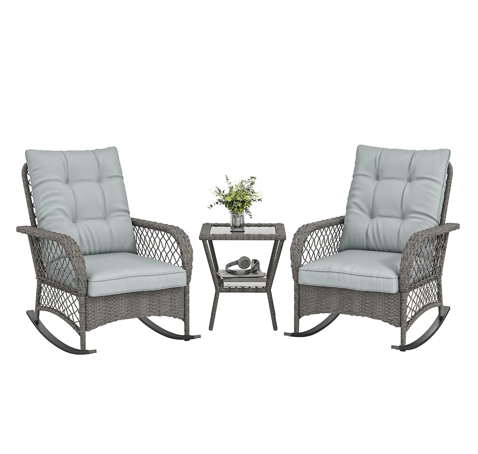 Image 968200.jpg, Product 968-200 / Price $359.99, Outsunny 3 Piece Wicker Patio Furniture Rocking Chair Bistro Set, Grey from Outsunny on TSC.ca's Home & Garden department