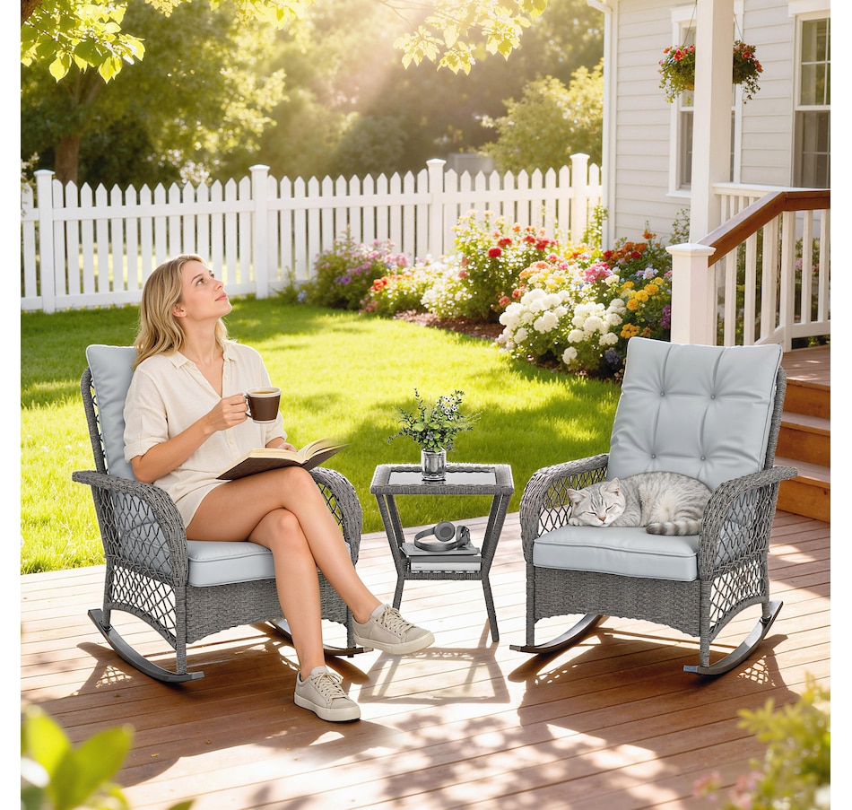 Image 968200_ALTMORE8.jpg, Product 968-200 / Price $359.99, Outsunny 3 Piece Wicker Patio Furniture Rocking Chair Bistro Set, Grey from Outsunny on TSC.ca's Home & Garden department