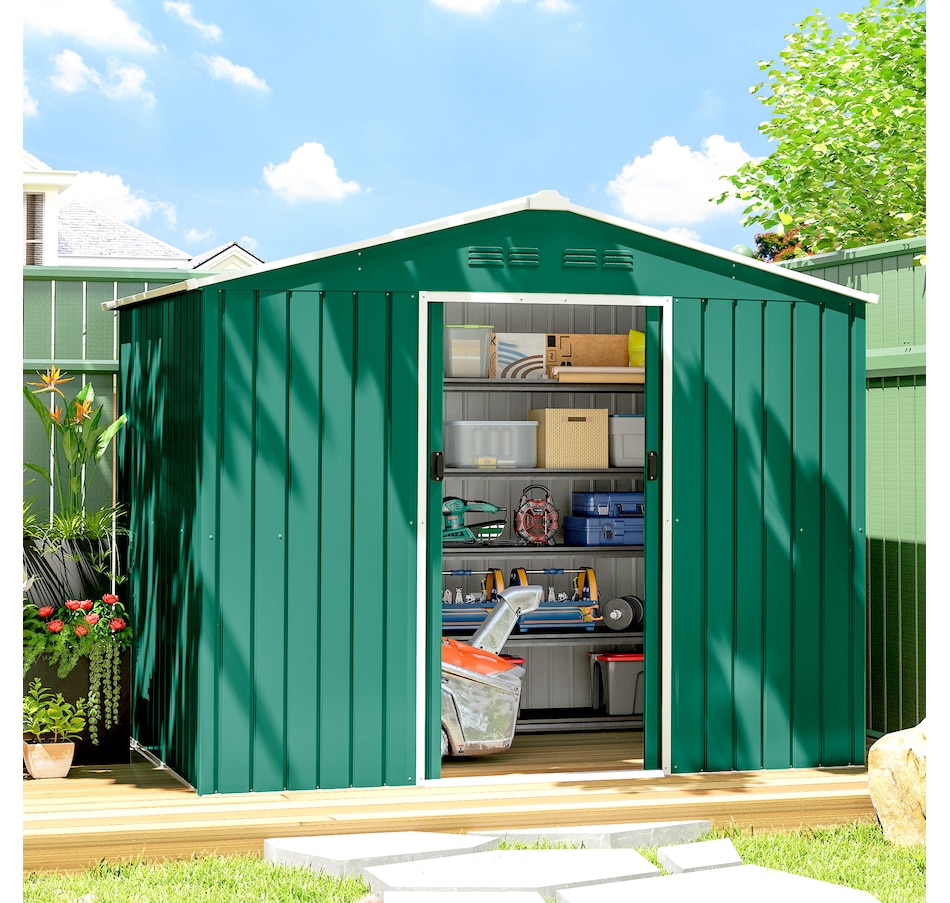 Image 968312_ALTMORE1.jpg, Product 968-312 / Price $369.99, Outsunny 8'x6' Metal Outdoor Storage Shed w/ Sliding Doors Green from Outsunny on TSC.ca's Home & Garden department