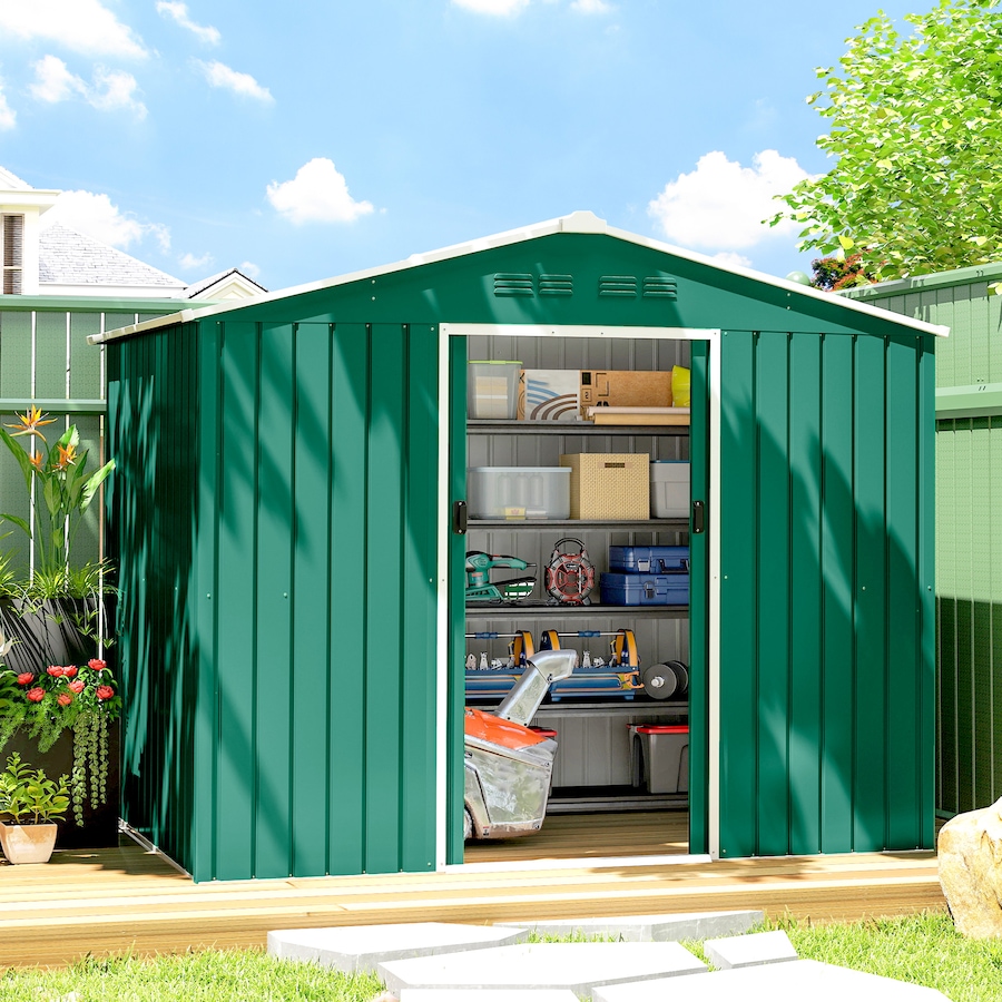 Image 968312_ALTMORE1.jpg, Product 968-312 / Price $359.99, Outsunny 8'x6' Metal Outdoor Storage Shed w/ Sliding Doors Green from Outsunny on TSC.ca's Home & Garden department