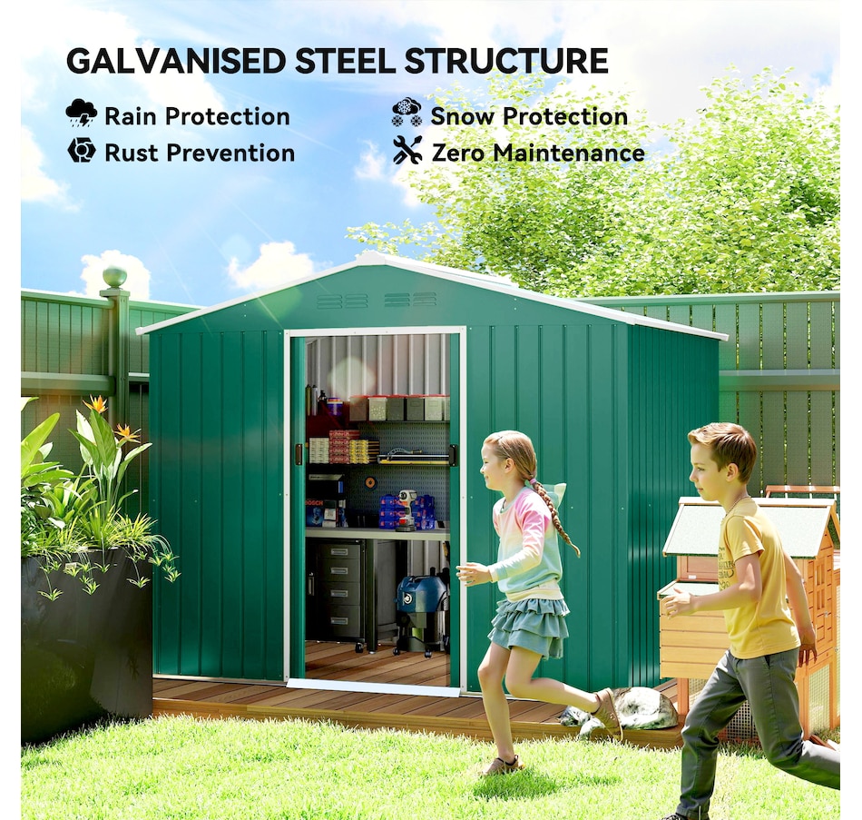 Image 968312_ALTMORE3.jpg, Product 968-312 / Price $369.99, Outsunny 8'x6' Metal Outdoor Storage Shed w/ Sliding Doors Green from Outsunny on TSC.ca's Home & Garden department
