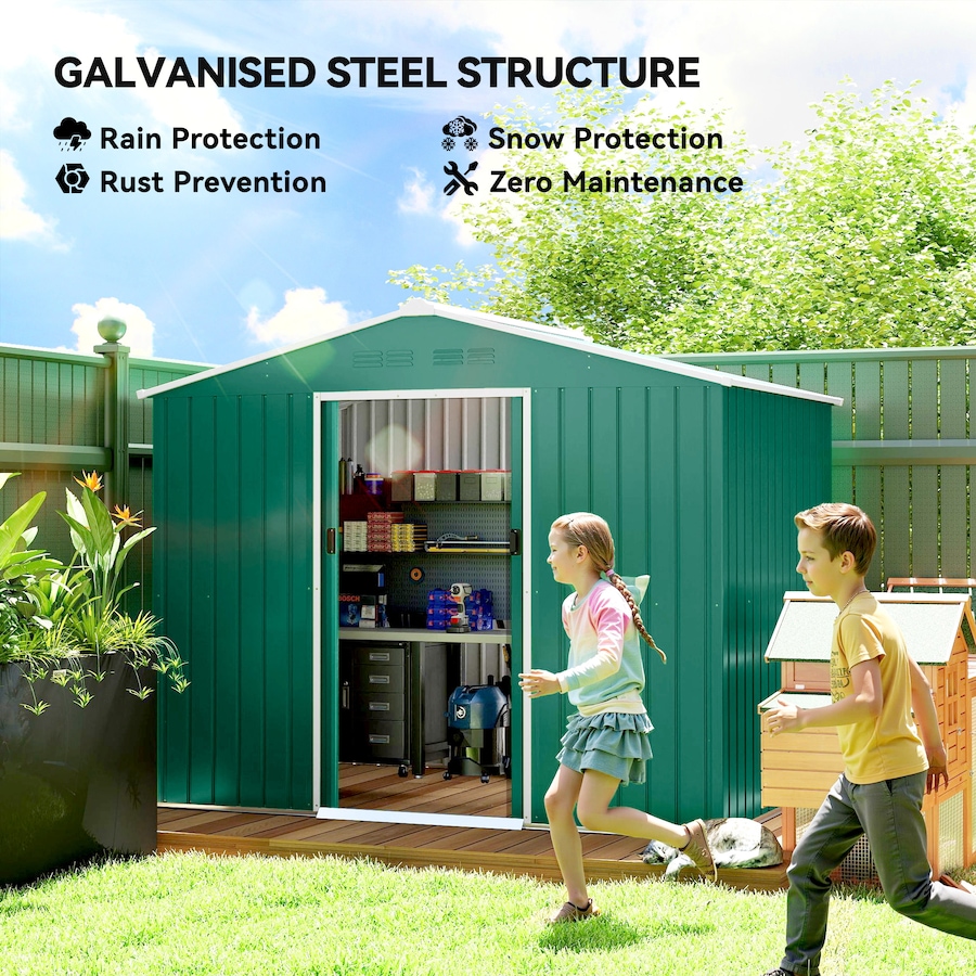 Image 968312_ALTMORE3.jpg, Product 968-312 / Price $359.99, Outsunny 8'x6' Metal Outdoor Storage Shed w/ Sliding Doors Green from Outsunny on TSC.ca's Home & Garden department