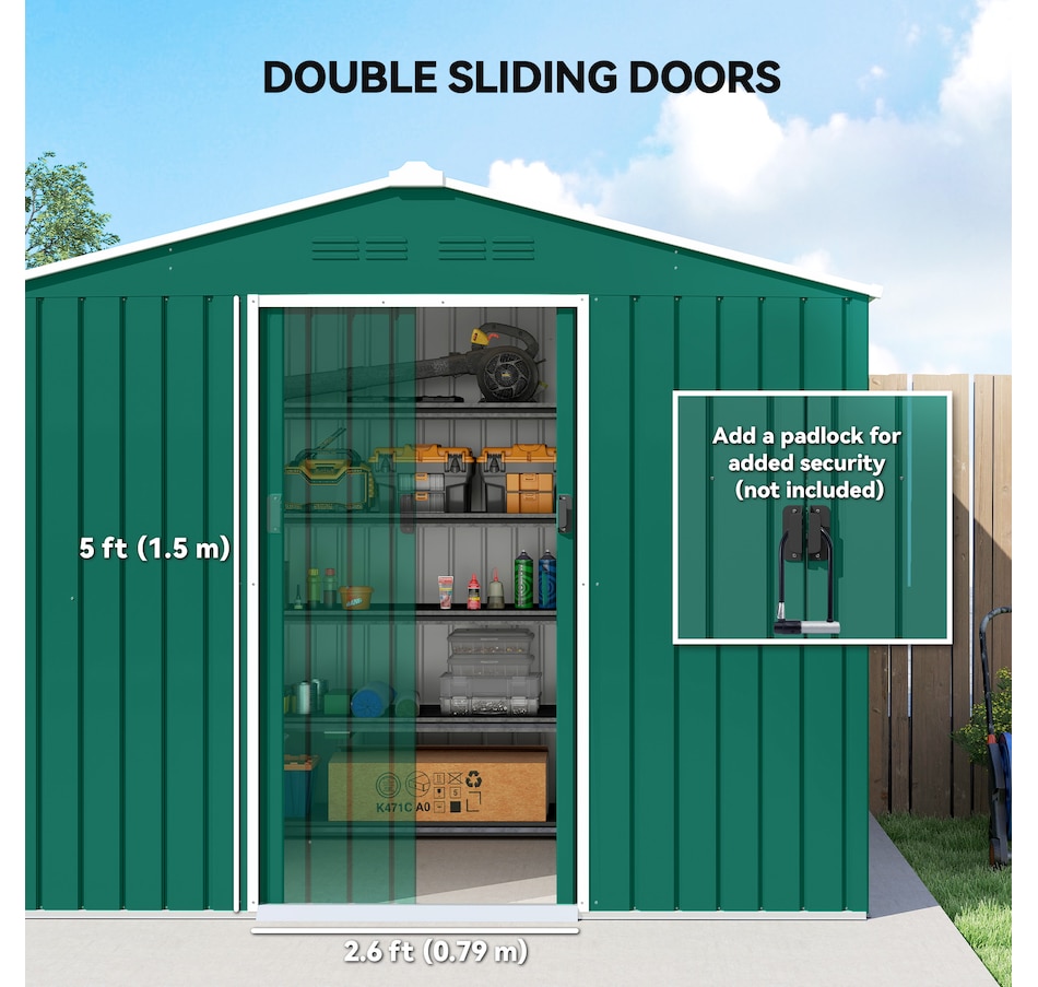 Image 968312_ALTMORE4.jpg, Product 968-312 / Price $369.99, Outsunny 8'x6' Metal Outdoor Storage Shed w/ Sliding Doors Green from Outsunny on TSC.ca's Home & Garden department