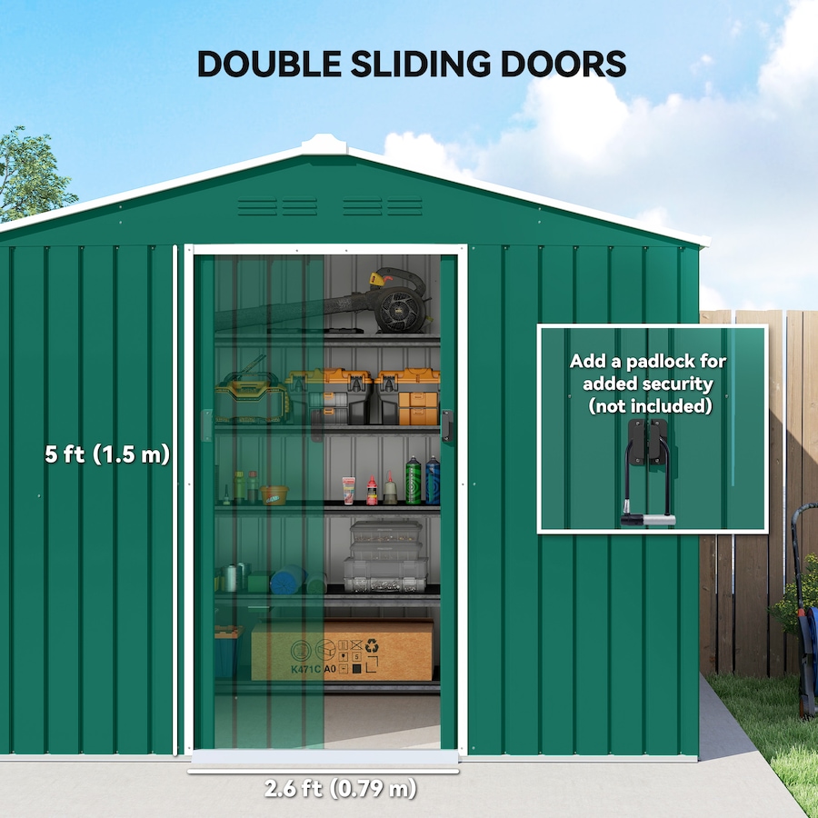 Image 968312_ALTMORE4.jpg, Product 968-312 / Price $359.99, Outsunny 8'x6' Metal Outdoor Storage Shed w/ Sliding Doors Green from Outsunny on TSC.ca's Home & Garden department
