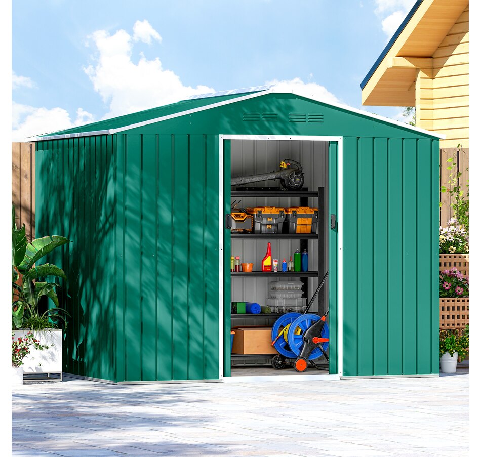 Image 968312_ALTMORE7.jpg, Product 968-312 / Price $369.99, Outsunny 8'x6' Metal Outdoor Storage Shed w/ Sliding Doors Green from Outsunny on TSC.ca's Home & Garden department
