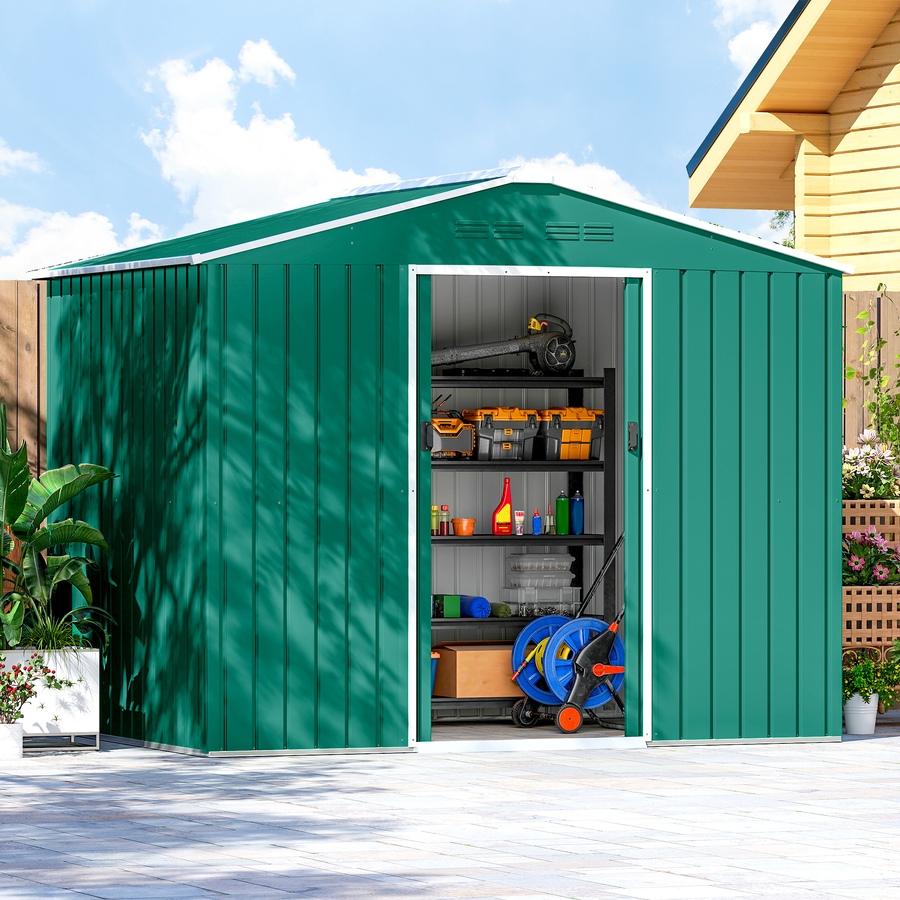 Image 968312_ALTMORE7.jpg, Product 968-312 / Price $359.99, Outsunny 8'x6' Metal Outdoor Storage Shed w/ Sliding Doors Green from Outsunny on TSC.ca's Home & Garden department