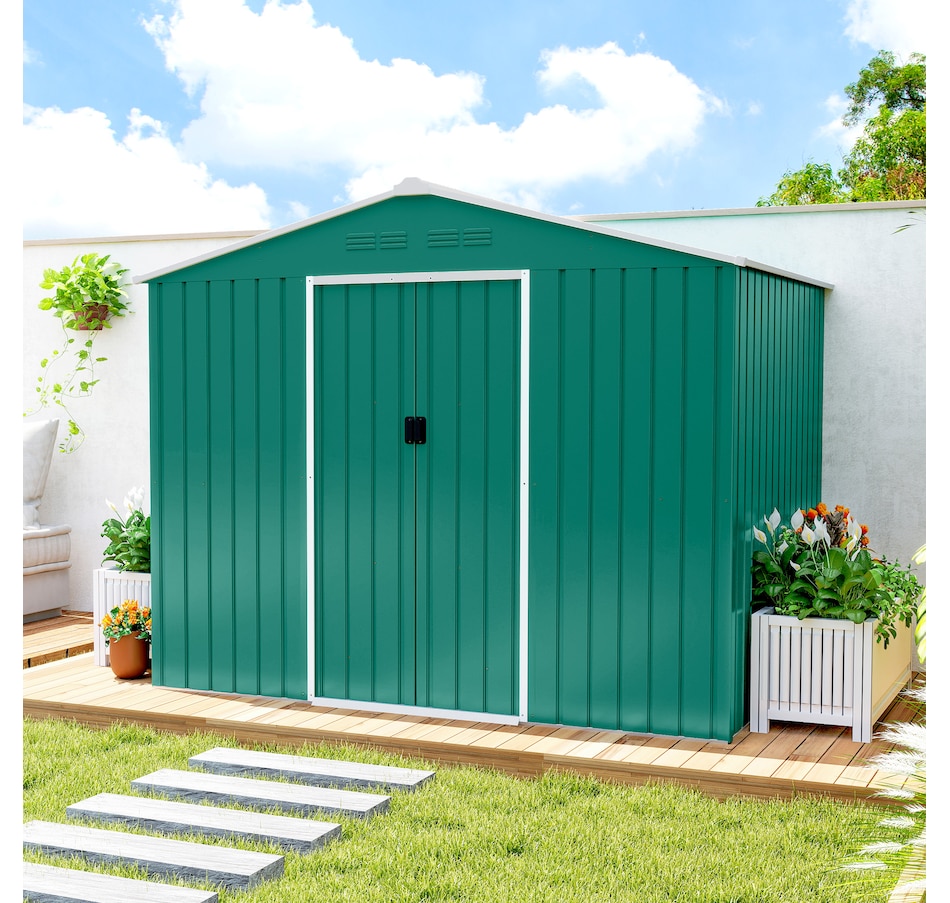 Image 968312_ALTMORE8.jpg, Product 968-312 / Price $369.99, Outsunny 8'x6' Metal Outdoor Storage Shed w/ Sliding Doors Green from Outsunny on TSC.ca's Home & Garden department