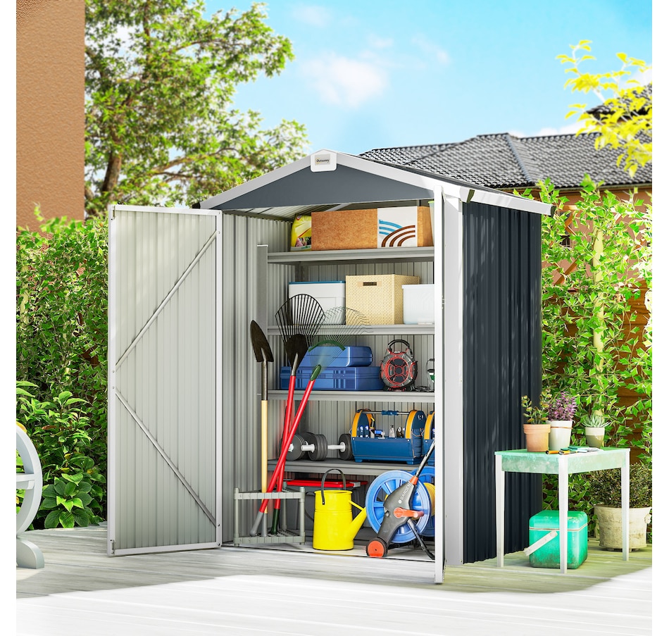 Image 968319_ALTMORE1.jpg, Product 968-319 / Price $209.99, Outsunny 4.4' x 3' Outdoor Storage Shed w/ Lockable Wide Doors, Dark Grey from Outsunny on TSC.ca's Home & Garden department