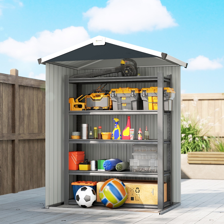 Image 968319_ALTMORE7.jpg, Product 968-319 / Price $179.99, Outsunny 4.4' x 3' Outdoor Storage Shed w/ Lockable Wide Doors, Dark Grey from Outsunny on TSC.ca's Home & Garden department