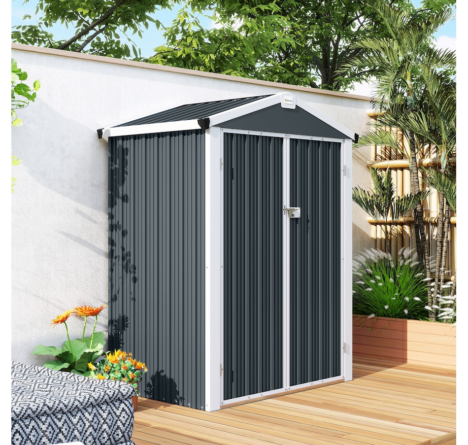 Image 968319_ALTMORE8.jpg, Product 968-319 / Price $209.99, Outsunny 4.4' x 3' Outdoor Storage Shed w/ Lockable Wide Doors, Dark Grey from Outsunny on TSC.ca's Home & Garden department