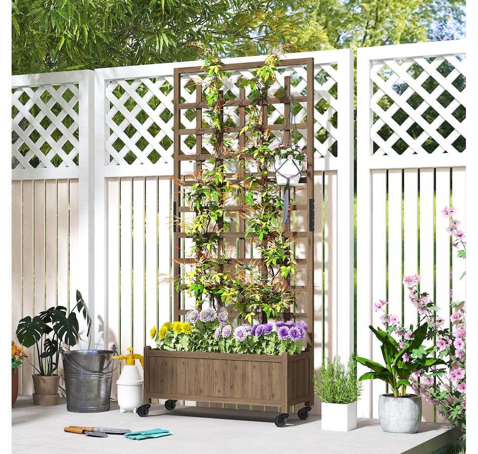 Image 968389_ALTMORE6.jpg, Product 968-389 / Price $109.99, Outsunny Planter with Trellis, Raised Garden Bed with Wheels, Brown from Outsunny on TSC.ca's Home & Garden department