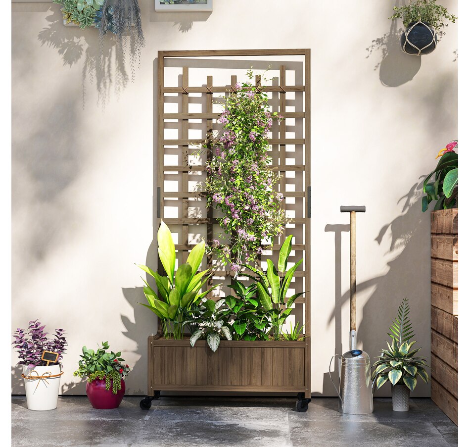 Image 968389_ALTMORE8.jpg, Product 968-389 / Price $109.99, Outsunny Planter with Trellis, Raised Garden Bed with Wheels, Brown from Outsunny on TSC.ca's Home & Garden department