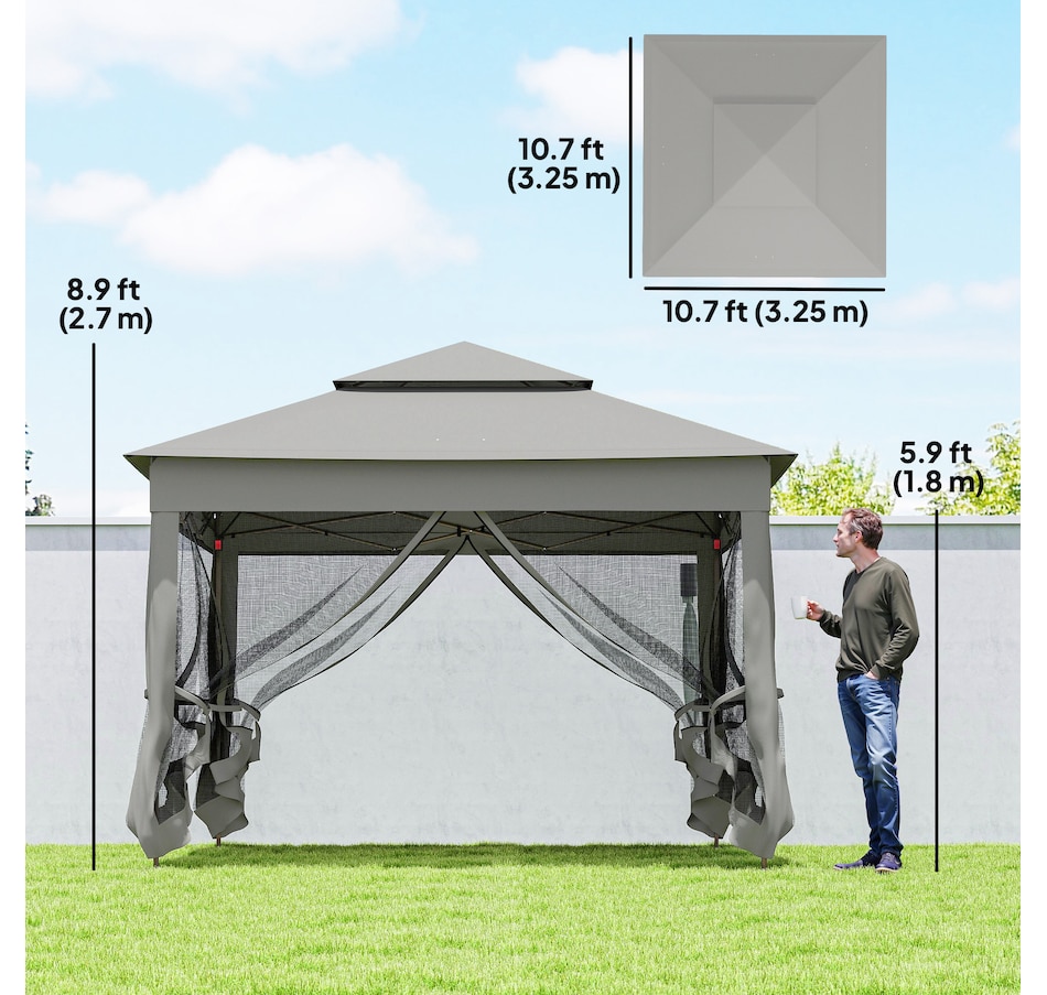 Image 968426_ALTMORE2.jpg, Product 968-426 / Price $199.99, 11'x11' Pop Up Canopy 2-Tier Soft Top Gazebo w/ Mesh Netting, Light Grey from Outsunny on TSC.ca's Home & Garden department