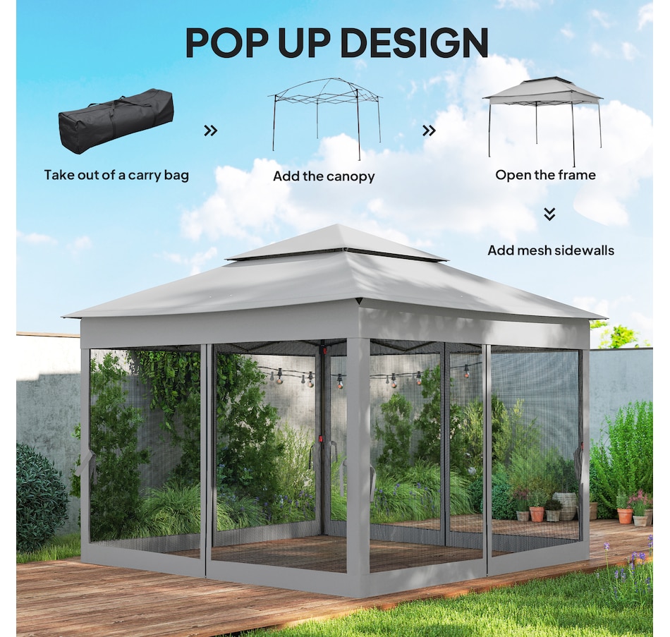 Image 968426_ALTMORE3.jpg, Product 968-426 / Price $199.99, 11'x11' Pop Up Canopy 2-Tier Soft Top Gazebo w/ Mesh Netting, Light Grey from Outsunny on TSC.ca's Home & Garden department