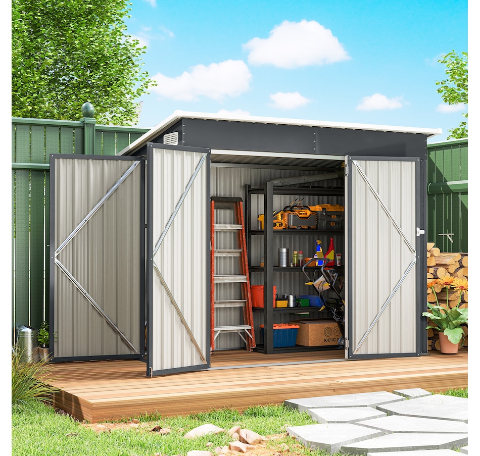 Image 968496_ALTMORE1.jpg, Product 968-496 / Price $359.99, Outsunny 7.5' x 4.3' Outdoor Storage Shed with Lockable Doors, Dark Grey from Outsunny on TSC.ca's Home & Garden department